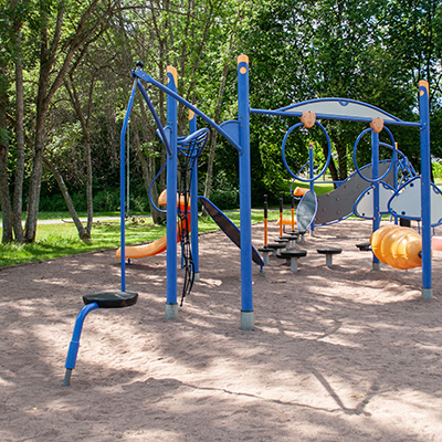 Blue steel playground equipment for older children, it is a play system, best for climbing and moving.